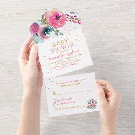 Invitación Todo En Uno Chica floral de acuarela encantadora Baby Shower
