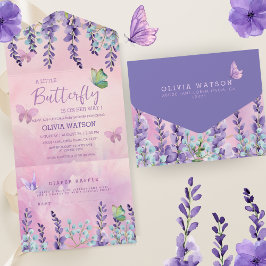 Invitación Todo En Uno Chica morado de mariposa floral rosa Baby Shower