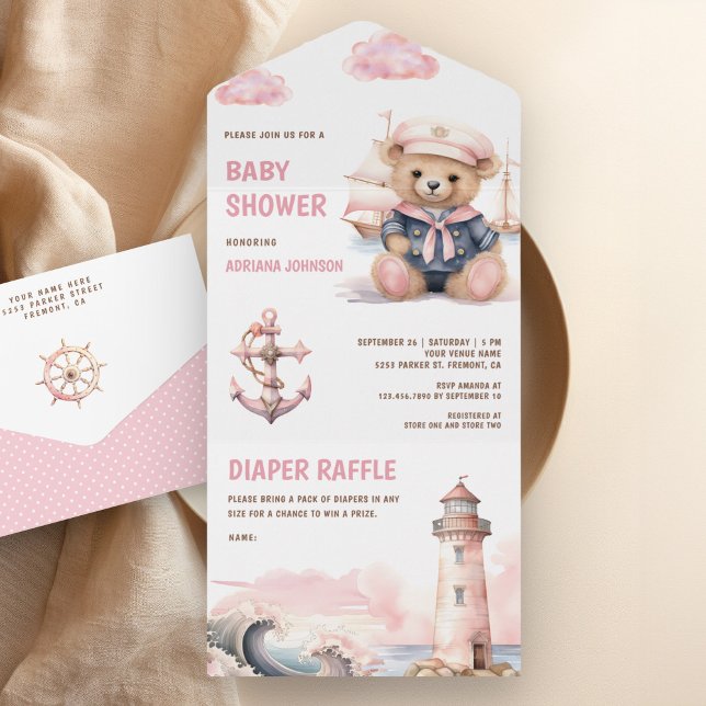 Invitación Todo En Uno Chica Náutico De Teddy Teddy Rosa Cute (Subido por el creador)