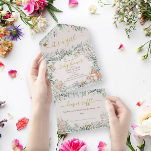Invitación Todo En Uno Chica Woodland Animals Watercolor Boho Baby Shower
