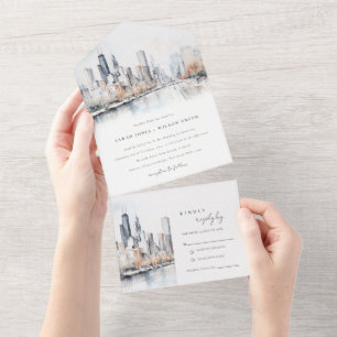 Invitación Todo En Uno Chicago, Illinois City Scape Watercolor Boda