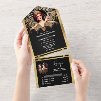 Invitación Todo En Uno Chicas del Flapper oro negro 1920 fiesta de la cen