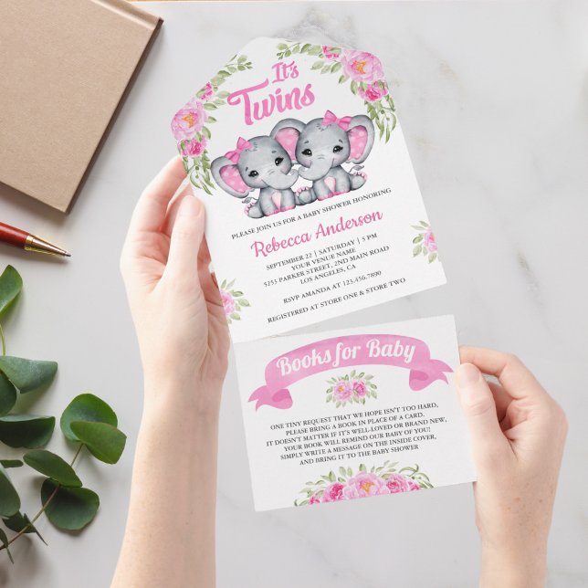 Invitación Todo En Uno Chicas gemelos Elefantes Florales Rosa Baby Shower (Subido por el creador)