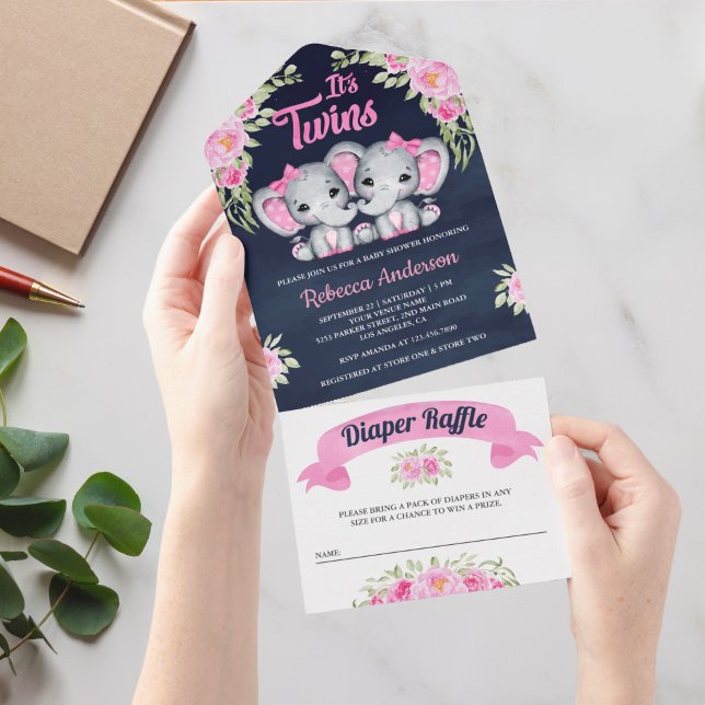 Invitación Todo En Uno Chicas gemelos rosados Baby Shower de la Marina de (Subido por el creador)
