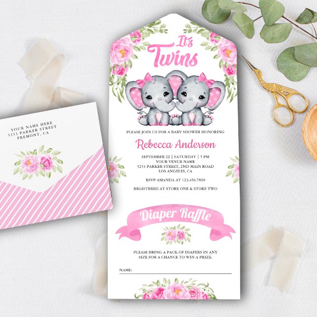 Invitación Todo En Uno Chicas gemelos rosados Elefante Floral Baby Shower (Subido por el creador)