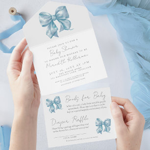 Invitación Todo En Uno Chico Acuarela Cinta Azul Lazo Baby Shower