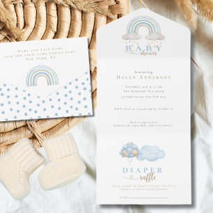 Invitación Todo En Uno Chico Arcoíris Acuarela Boho Azul Baby Shower