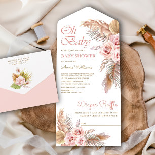 Invitación Todo En Uno Chico Boho Pampas Grass Rosas Rosadas Baby Shower
