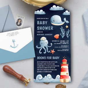 Invitación Todo En Uno Chico de agua naval acuarela rústica Baby Shower