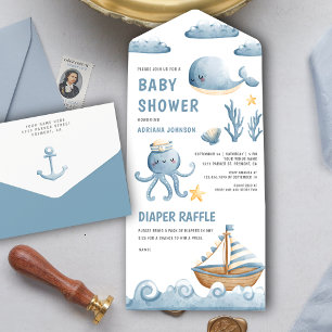 Invitación Todo En Uno Chico Shower Náutico Acuarela Rústica Barco Lindo