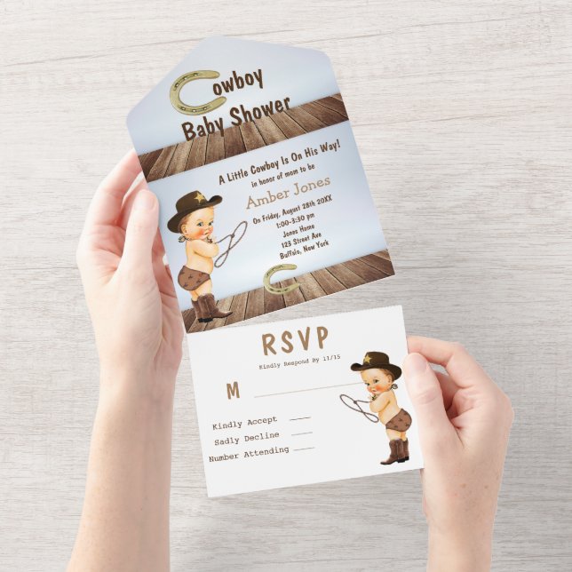Invitación Todo En Uno Chico Vaquero De Camino Baby Shower (desgarro)