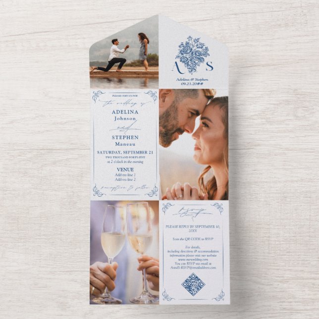 Invitación Todo En Uno Chinoiserie Bouquet Blue 3 Foto Boda de código QR (Interior)