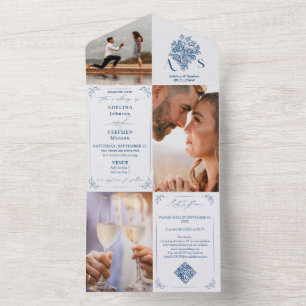 Invitación Todo En Uno Chinoiserie Bouquet Blue 3 Foto Boda de código QR