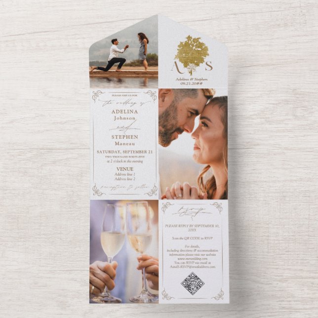 Invitación Todo En Uno Chinoiserie Bouquet Gold 3 Foto Boda de código QR (Interior)