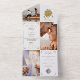 Invitación Todo En Uno Chinoiserie Bouquet Gold 3 Foto Boda de código QR
