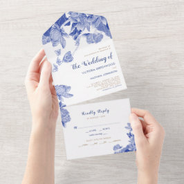 Invitación Todo En Uno Chinoiserie Classic Blue & White Lotus Floral