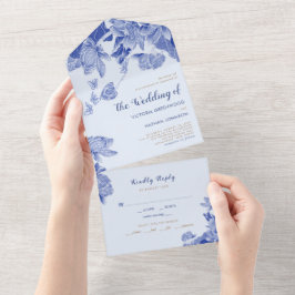 Invitación Todo En Uno Chinoiserie elegante Light Blue Lotus Floral