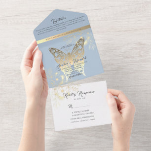 Invitación Todo En Uno Chinoiserie Floral Azul Polvoriento Boda