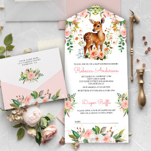 Invitación Todo En Uno Chorreada Floral Acuarela Ciervo Baby Shower