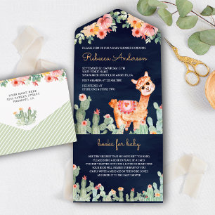 Invitación Todo En Uno Chorreada Floral Cactus Llama Azul Marino Baby Sho