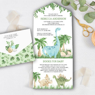 Invitación Todo En Uno Chorreo Acuarela Selva Cumpleaños de Bebé Dinosaur