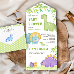Invitación Todo En Uno Chorreo de Acuarela Moderna Cute Little Dinosaur B
