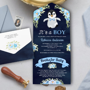 Invitación Todo En Uno Chorreo Floral Acuarela Pingüino Azul Marino Baby