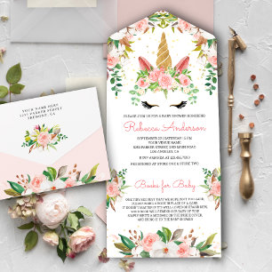 Invitación Todo En Uno Chorrete Rosa Floral Unicornio Dorado Baby Shower