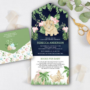Invitación Todo En Uno Chorro Cute Floral Dinosaur Azul Marino Baby Showe