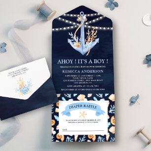 Invitación Todo En Uno Chorro de Acuarela Ancla Náutica Azul Marino Baby