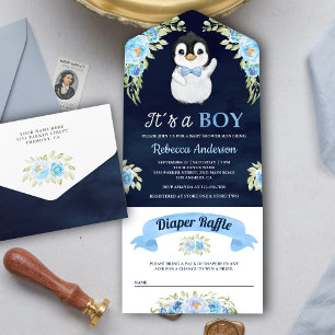 Invitación Todo En Uno Chorro de Acuarela Floral Pingüino Azul Marino Bab