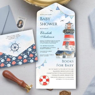 Invitación Todo En Uno Chorro de Acuarela Rústica Baby Shower Náutico
