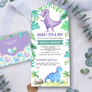 Invitación Todo En Uno Chorro de Bebé Dinosaurio Morado Lindo Vegetación