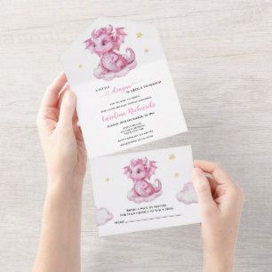 Invitación Todo En Uno Chorro de Bebé Dragón Adorable