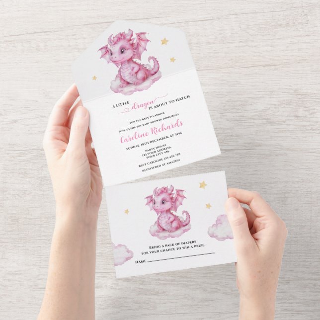 Invitación Todo En Uno Chorro de Bebé Dragón Adorable (desgarro)