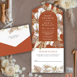 Invitación Todo En Uno Chorro Pampas Orquídea Blanca Terracota Baby Showe
