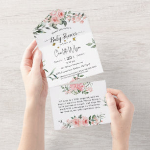 Invitación Todo En Uno Chupinada de Bebé Rosas Rosadas Elegantes con Mari