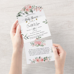 Invitación Todo En Uno Chupinada de Rosas Rosadas Elegantes con Mariposas