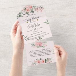 Invitación Todo En Uno Chupinada de Rosas Rosadas Elegantes con Mariposas