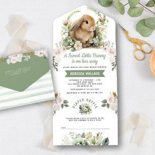 Invitación Todo En Uno Chupito Conejo Verde Menta Floral Baby Shower