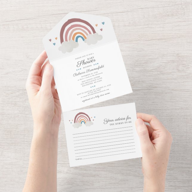Invitación Todo En Uno Chuva de Bebé Chic Script Boho Arcoíris Acuarela (desgarro)