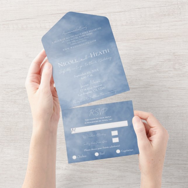 Invitación Todo En Uno Cielo Celeste y Blanco Nubes Bodas (desgarro)
