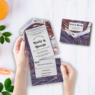 Invitación Todo En Uno Cielo Moderno Abstracto de Ola Azul Elegante Boda 