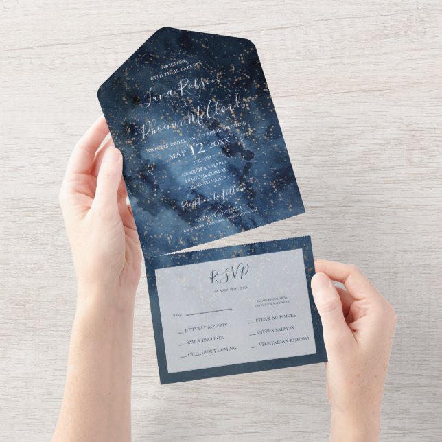 Invitación Todo En Uno Cielo nocturno celeste | Sello De Oro Y Envío (desgarro)