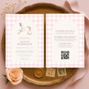 Invitación Todo en Uno Cigüeña Cuadro Rosa Niña Baby Shower