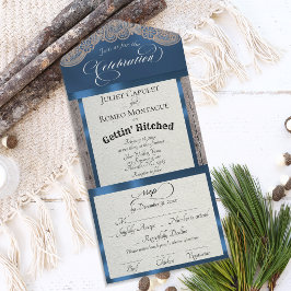 Invitación Todo En Uno Cinta y encaje Gettin 'Hitched - Azul