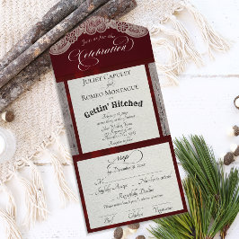 Invitación Todo En Uno Cinta y encaje Gettin 'Hitched - Burdeos