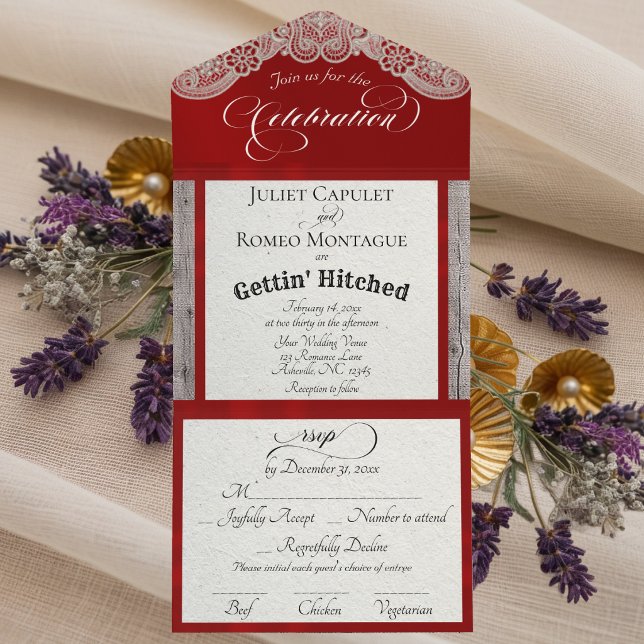 Invitación Todo En Uno Cinta y encaje Gettin 'Hitched - Rojo (Subido por el creador)