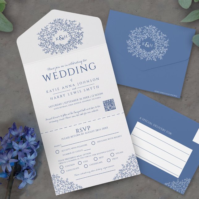 Invitación Todo En Uno Círculo blanco azul boda de hojas QR (Subido por el creador)