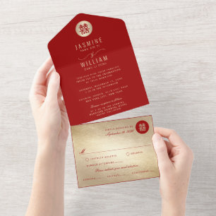 Invitación Todo En Uno Círculo simple doble felicidad Boda chino